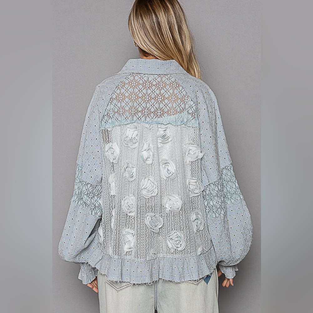949. POL LAST 1! Jacket Top shacket Blue Lace Woven Balloon Sleeve Front Pockets - Picture 2 of 5